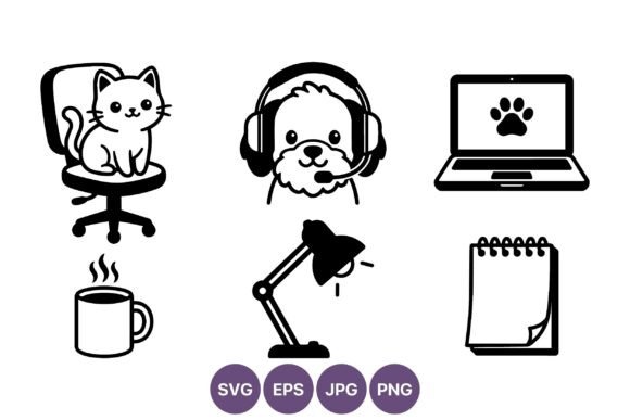 Black and White Cat Dog Office Icon Set