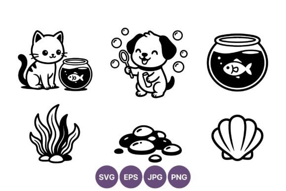 Cat and Dog with Fishbowl Line Art