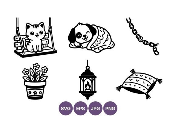 Cat on Swing and Sleeping Dog Vector Art