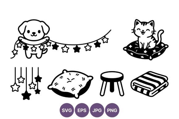 Cute Dog and Cat with Stars Vector Line