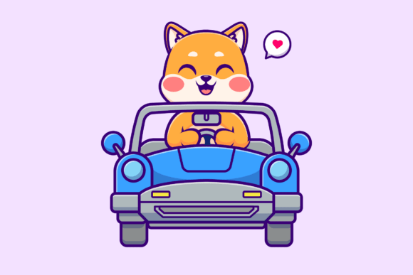 Cute Shiba Inu Dog Riding Car Cartoon
