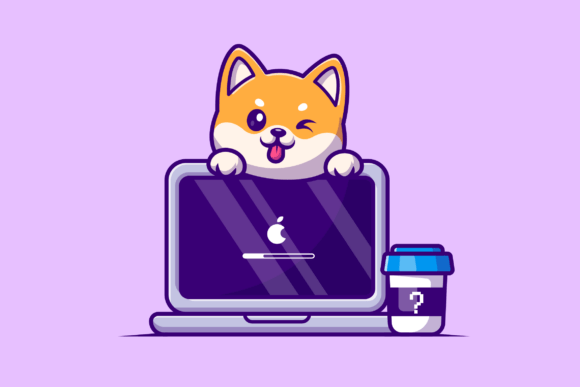 Cute Shiba Inu Dog with Laptop Cartoon